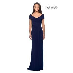 LA FEMME 29996 Column Gown Size 12 Navy Blue Ruched Jersey Formal Dress $348